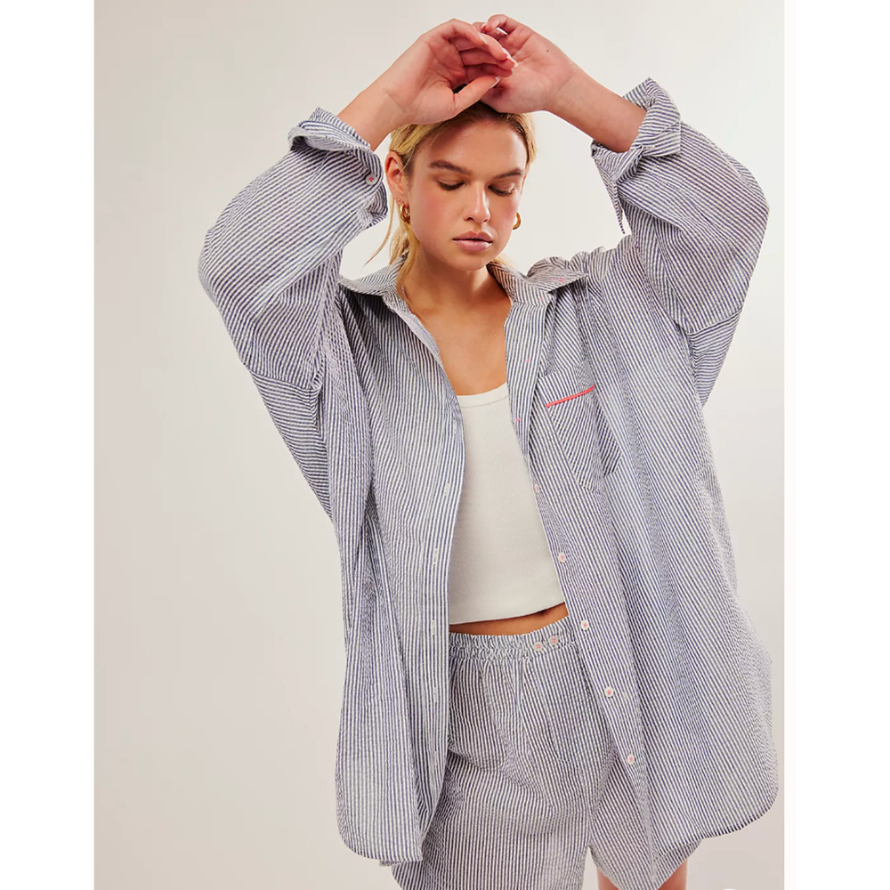 Free People Oversized Striped High Slit Button-Down Shirt Pink Stripe Womens XS